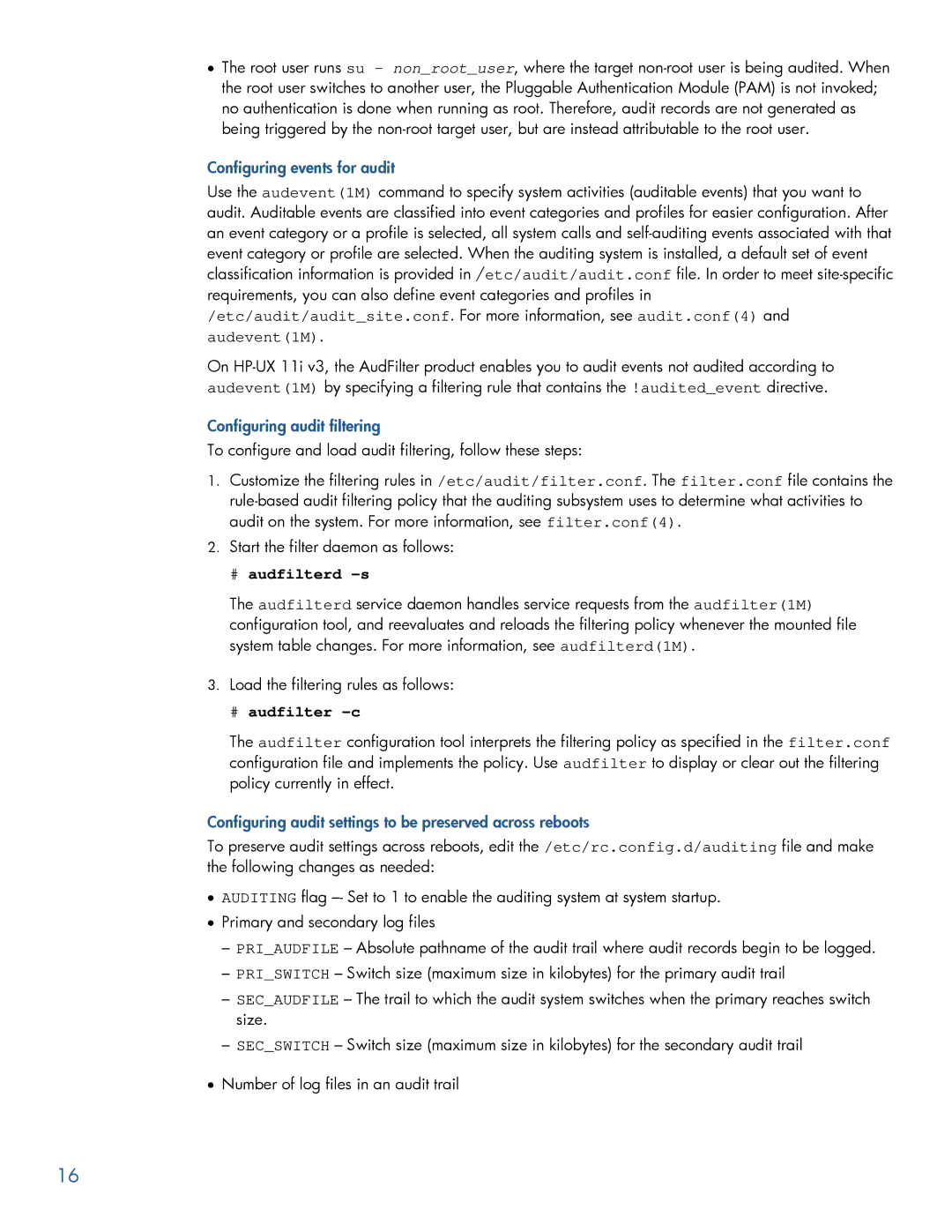 HP UX Auditing System Extensions manual Configuring events for audit, Configuring audit filtering 