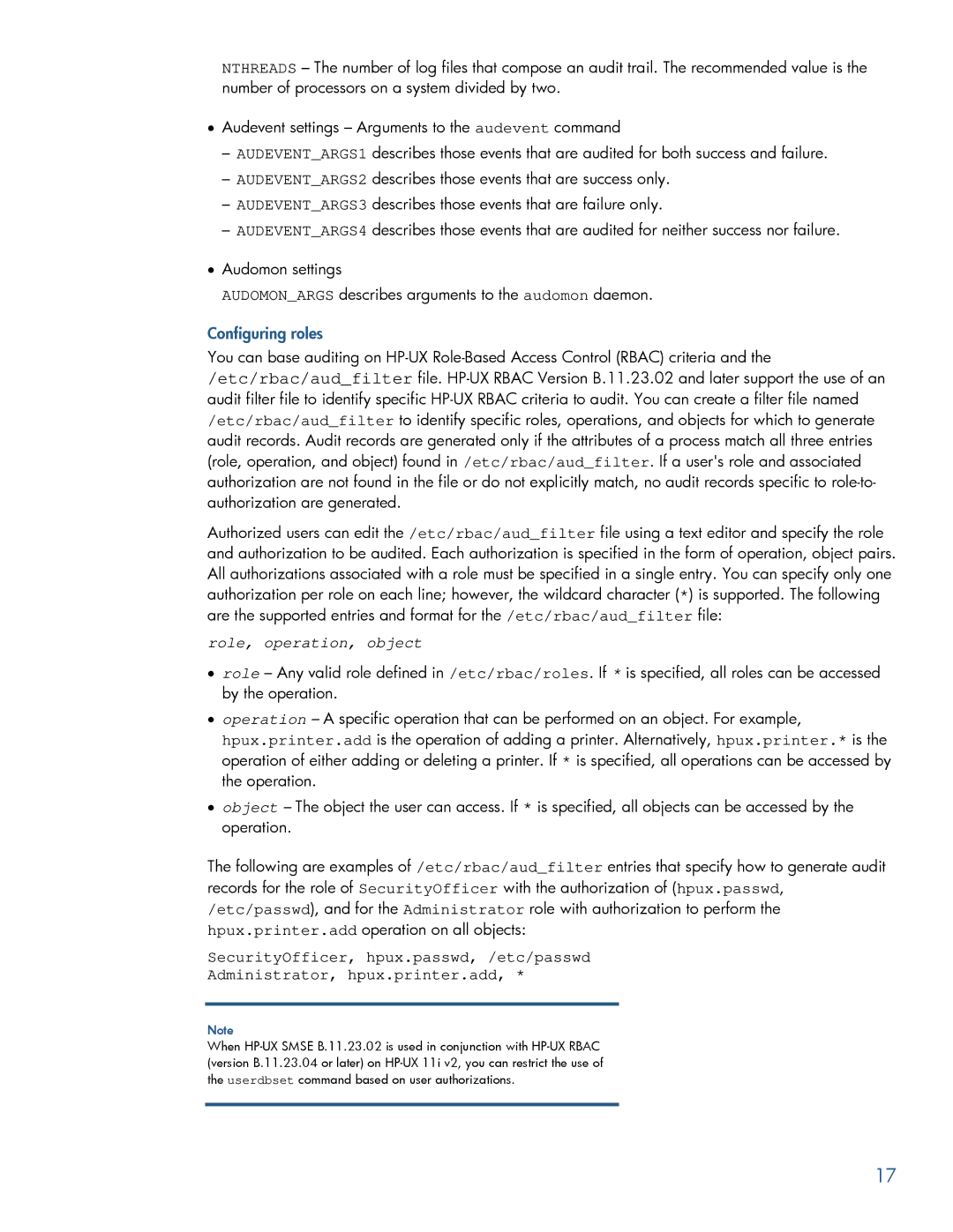 HP UX Auditing System Extensions manual Configuring roles, Role, operation, object 