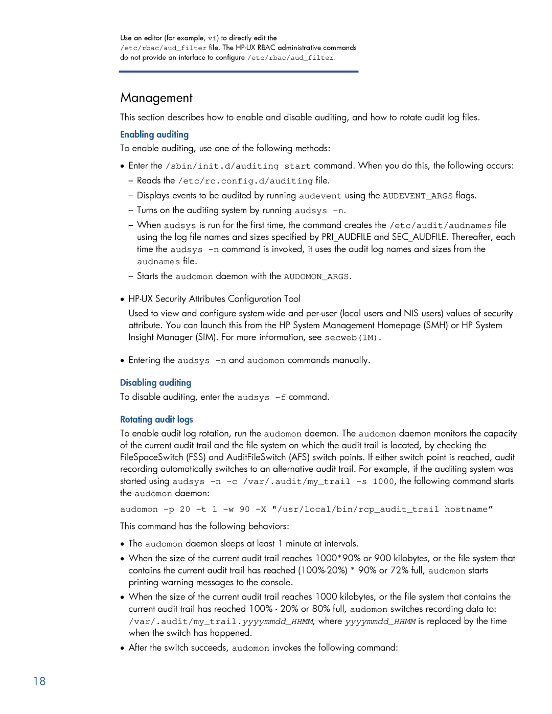 HP UX Auditing System Extensions manual Management, Enabling auditing, Reads the /etc/rc.config.d/auditing file 