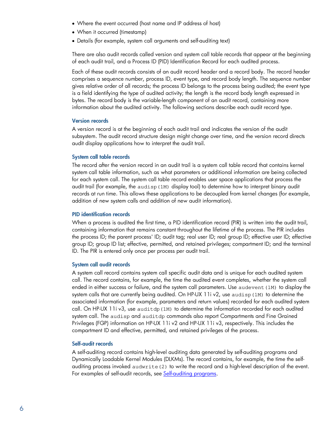 HP UX Auditing System Extensions manual Version records, System call table records, PID identification records 