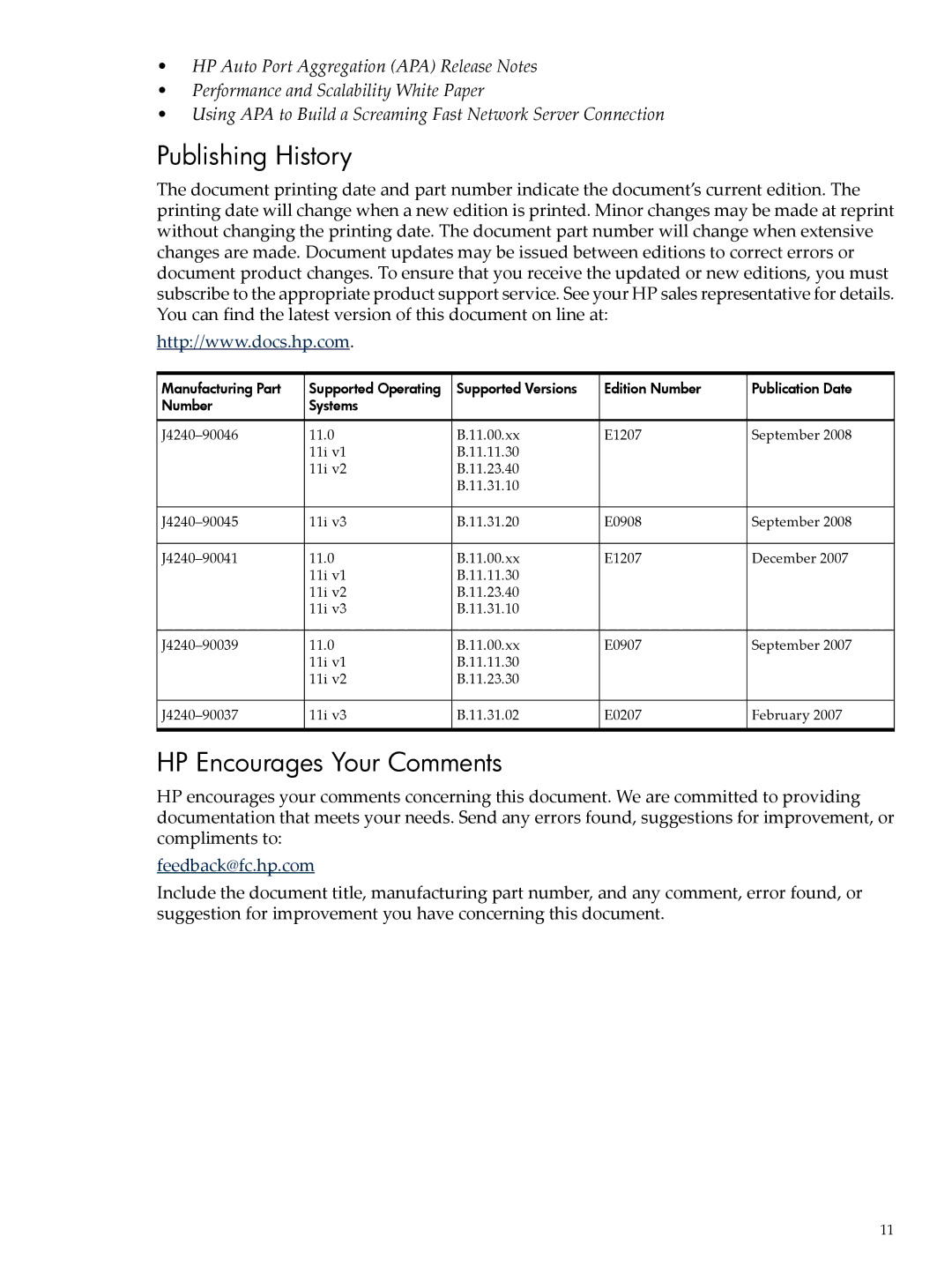 HP UX Auto Port Aggregation (APA) Software manual Publishing History, HP Encourages Your Comments 