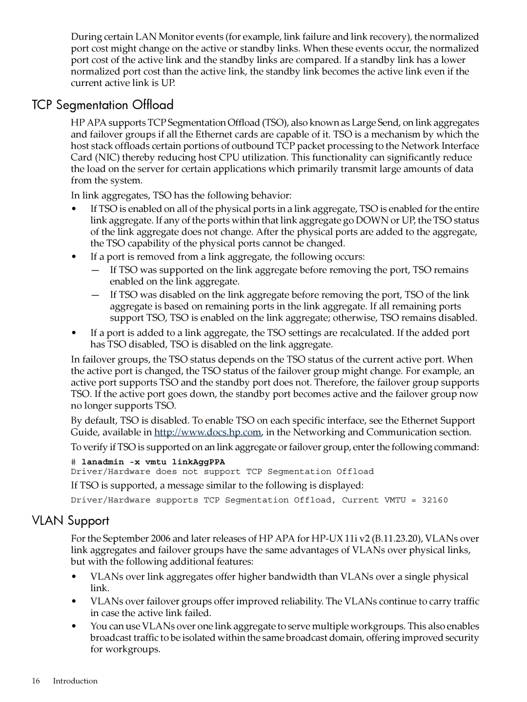 HP UX Auto Port Aggregation (APA) Software manual TCP Segmentation Offload, Vlan Support 