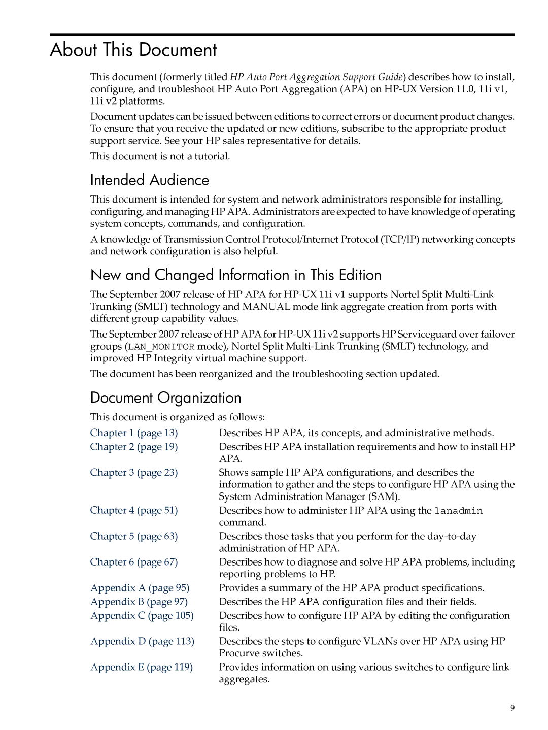 HP UX Auto Port Aggregation (APA) Software manual About This Document, Intended Audience, Document Organization 