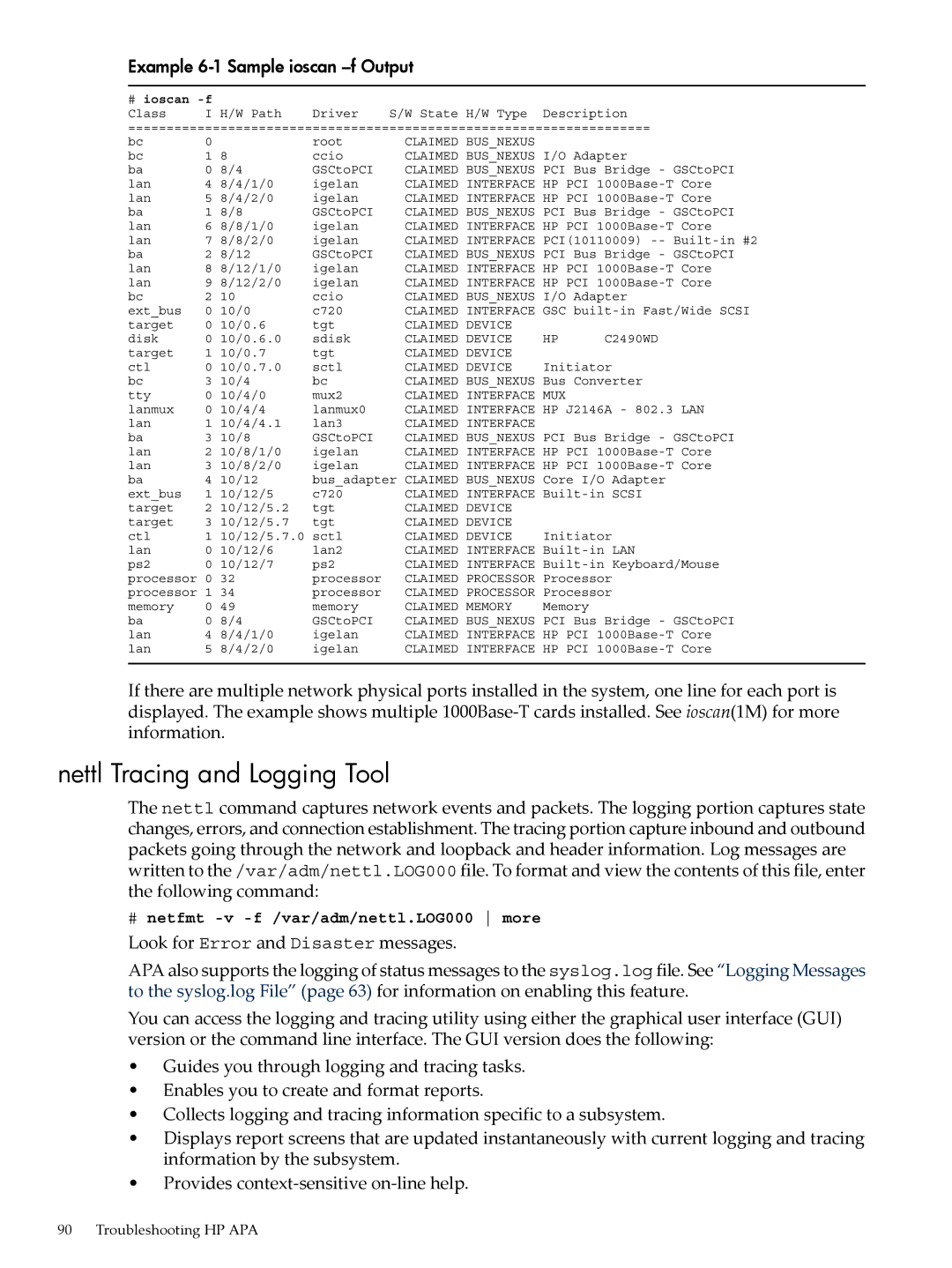 HP UX Auto Port Aggregation (APA) Software manual Nettl Tracing and Logging Tool, Example 6-1 Sample ioscan -f Output 