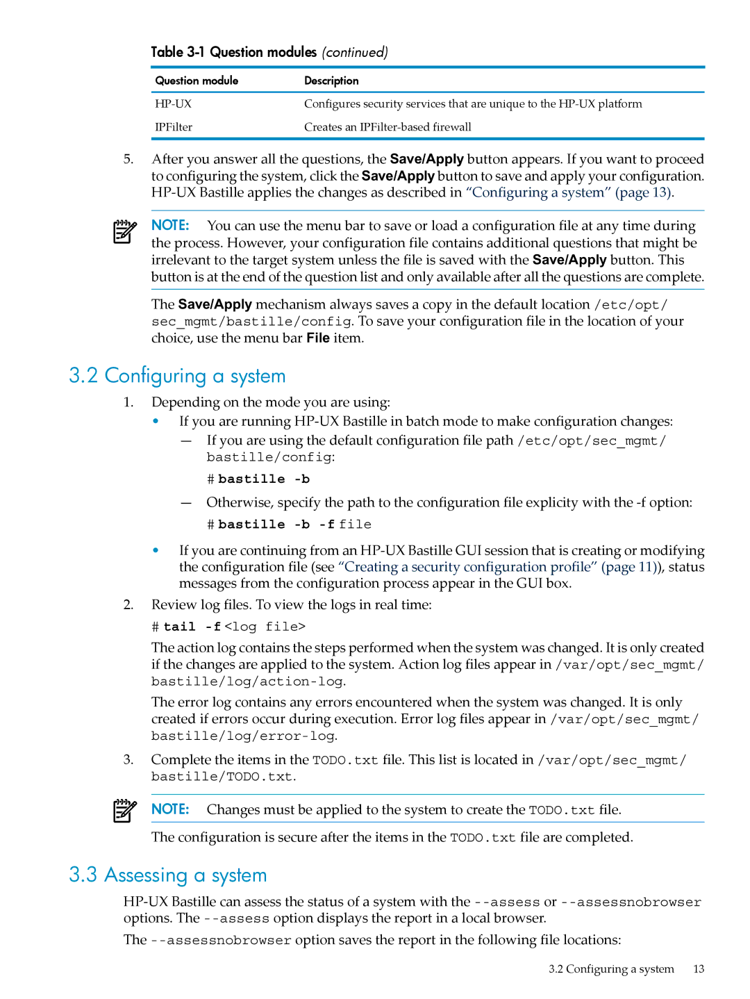 HP UX Bastille Software manual Configuring a system, Assessing a system 