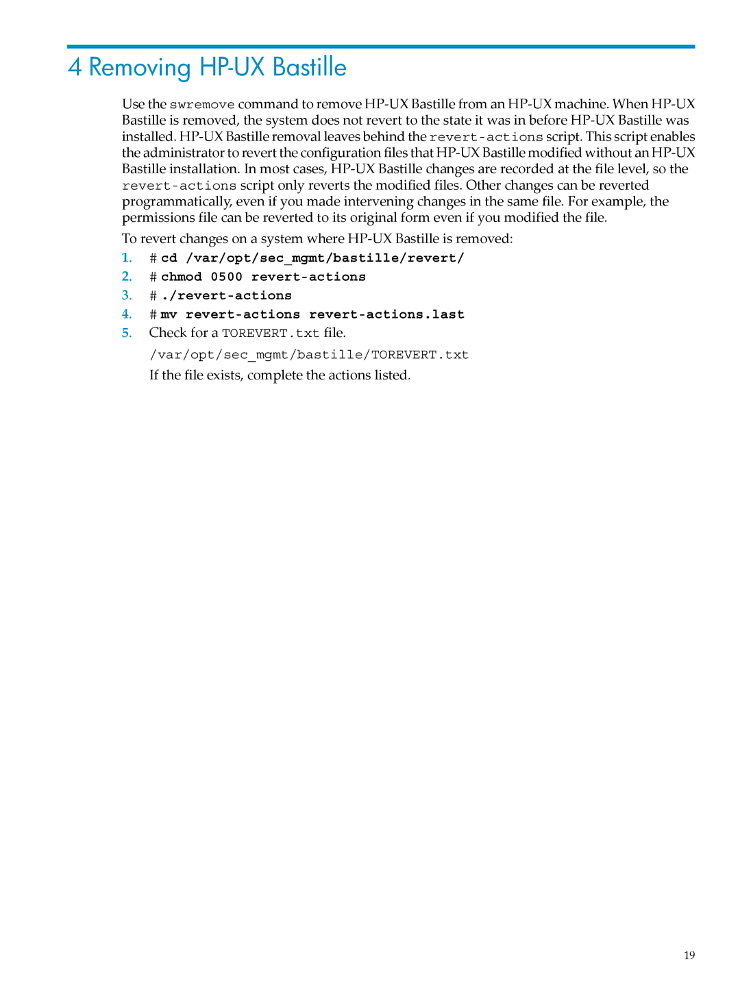 HP UX Bastille Software manual Removing HP-UX Bastille, Check for a TOREVERT.txt file 