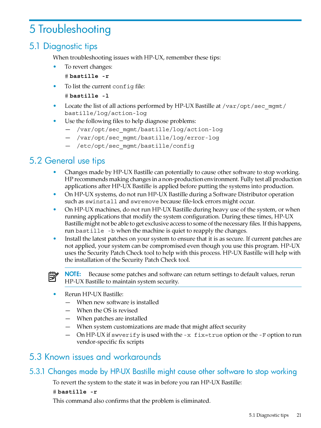 HP UX Bastille Software manual Troubleshooting, Diagnostic tips, General use tips, Known issues and workarounds 
