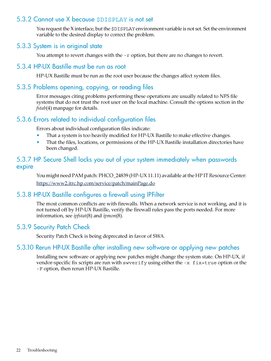 HP UX Bastille Software manual Cannot use X because $DISPLAY is not set, System is in original state, Security Patch Check 