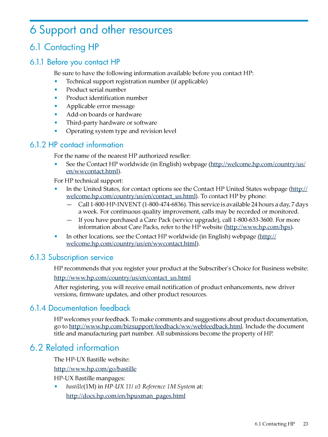 HP UX Bastille Software manual Support and other resources, Contacting HP, Related information 