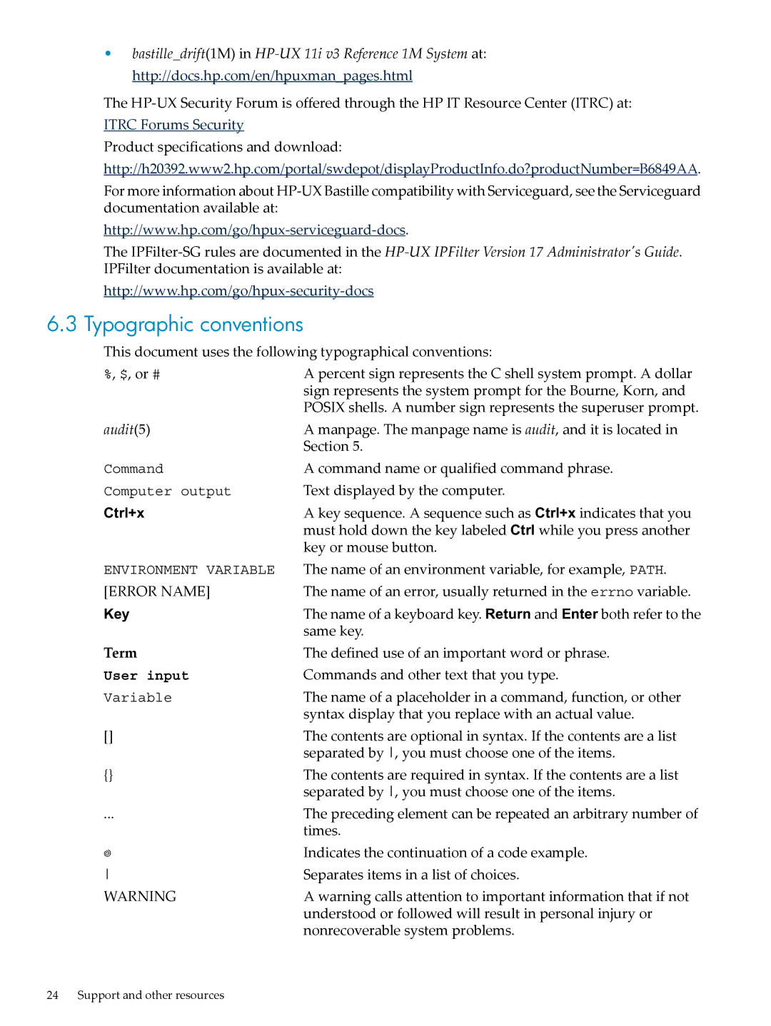 HP UX Bastille Software manual Typographic conventions 