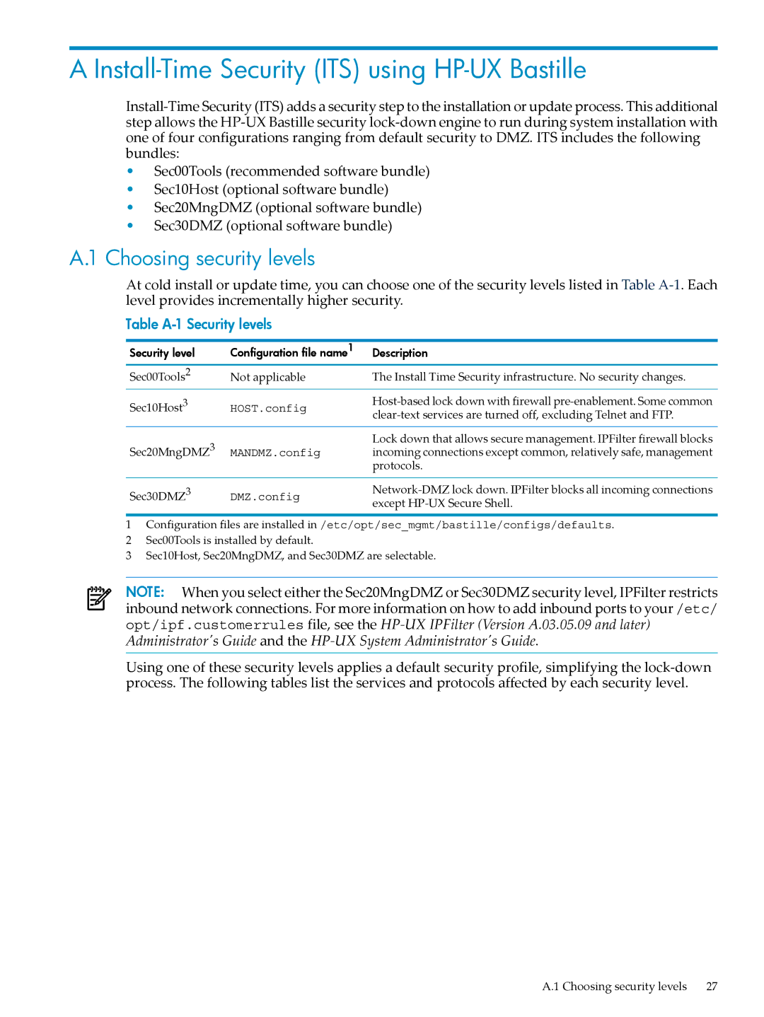 HP UX Bastille Software manual Install-Time Security ITS using HP-UX Bastille, Choosing security levels 