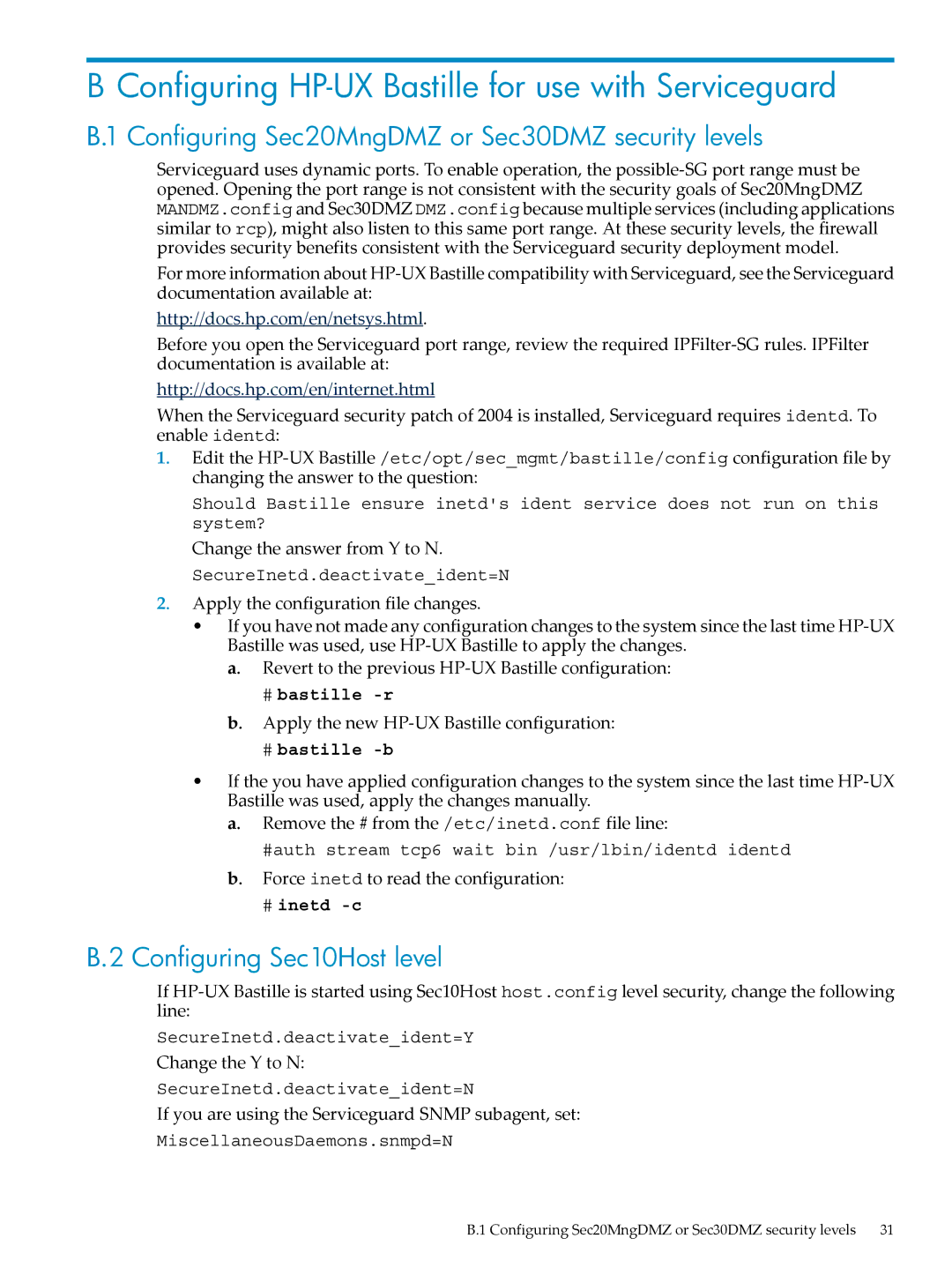 HP UX Bastille Software manual Configuring HP-UX Bastille for use with Serviceguard, Configuring Sec10Host level 