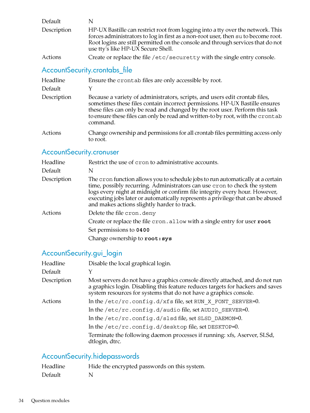 HP UX Bastille Software manual AccountSecurity.crontabsfile, AccountSecurity.cronuser, AccountSecurity.guilogin 