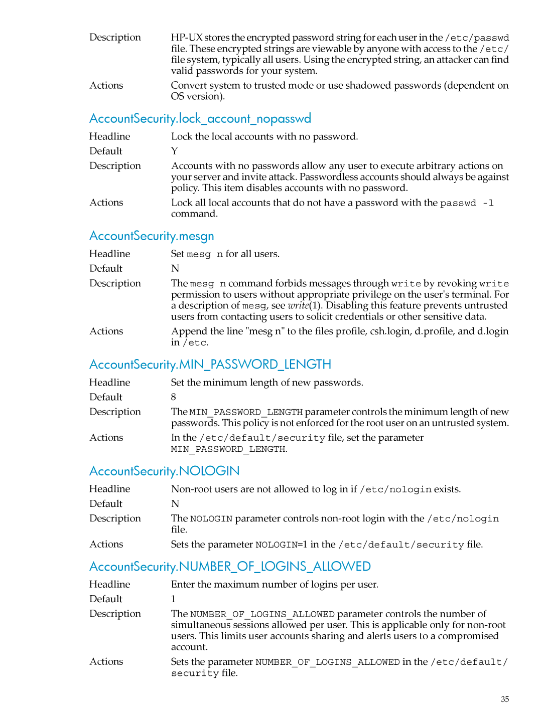 HP UX Bastille Software AccountSecurity.lockaccountnopasswd, AccountSecurity.mesgn, AccountSecurity.MINPASSWORDLENGTH 