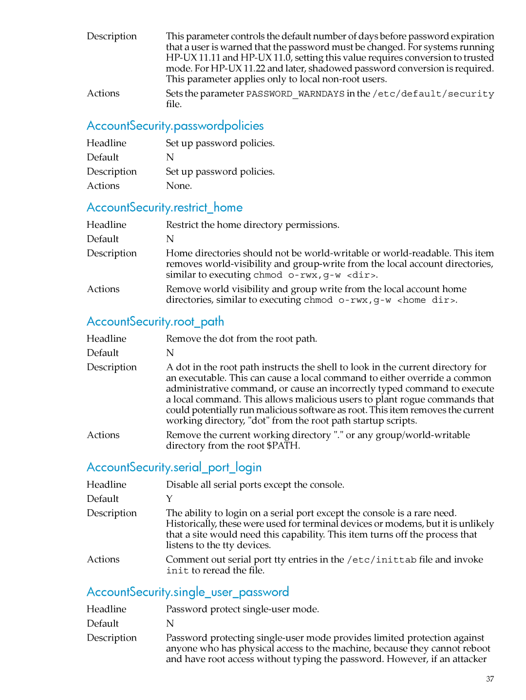 HP UX Bastille Software manual AccountSecurity.passwordpolicies, AccountSecurity.restricthome, AccountSecurity.rootpath 