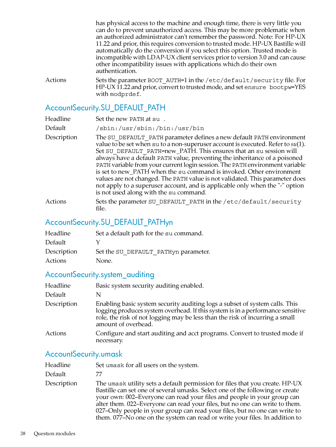 HP UX Bastille Software manual AccountSecurity.SUDEFAULTPATHyn, AccountSecurity.systemauditing, AccountSecurity.umask 