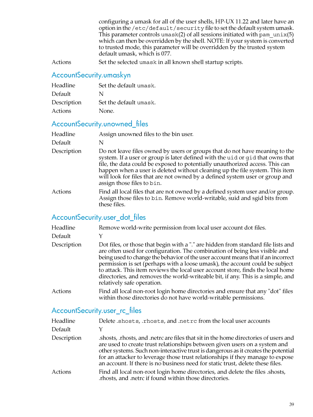 HP UX Bastille Software manual AccountSecurity.umaskyn, AccountSecurity.unownedfiles, AccountSecurity.userdotfiles 