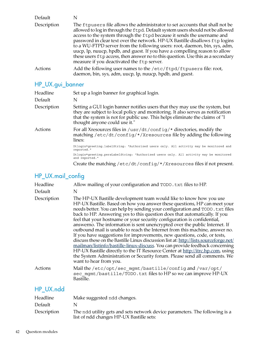 HP UX Bastille Software manual HPUX.guibanner, HPUX.mailconfig, HPUX.ndd 