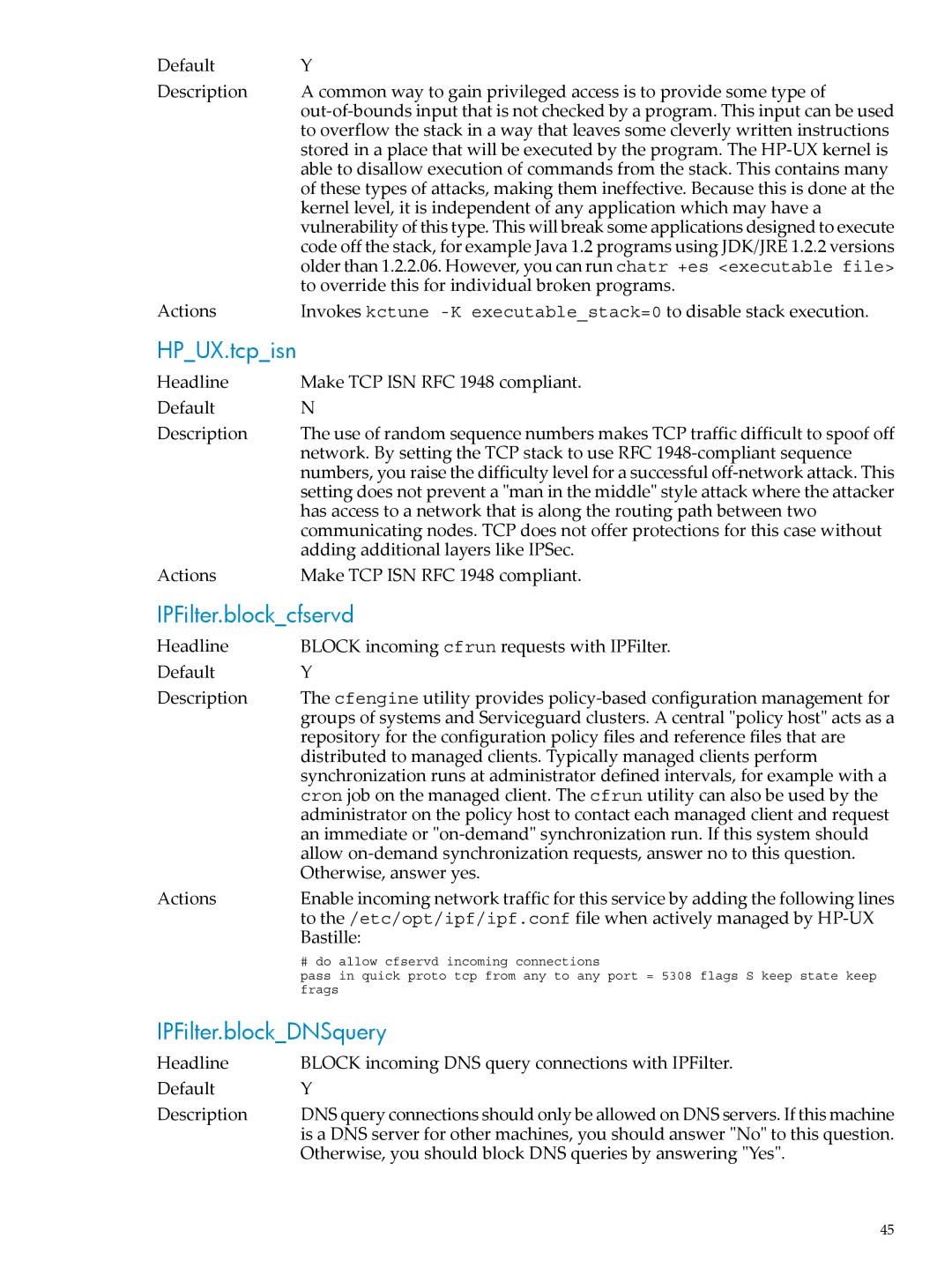 HP UX Bastille Software manual HPUX.tcpisn, IPFilter.blockcfservd, IPFilter.blockDNSquery 