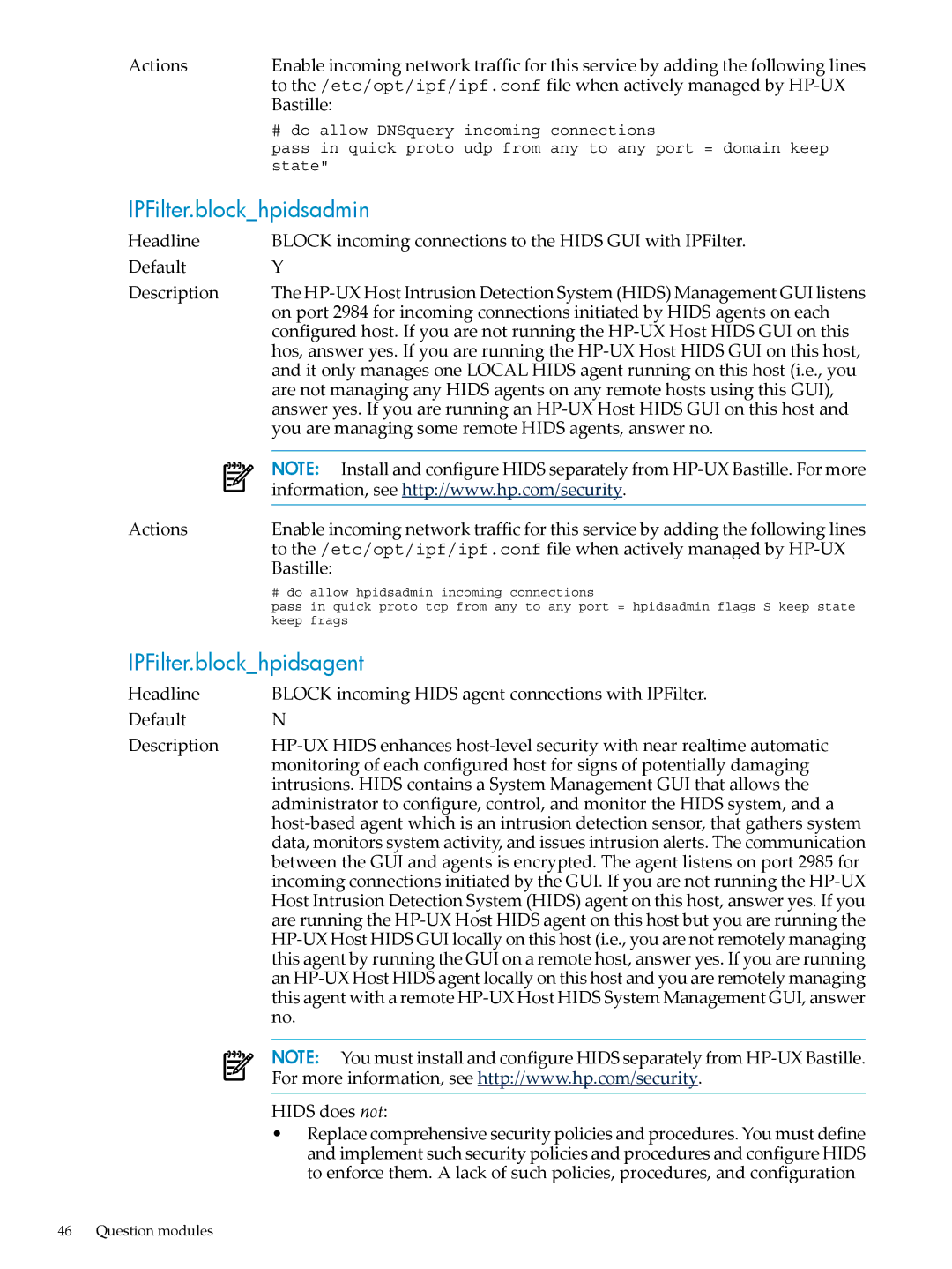 HP UX Bastille Software manual IPFilter.blockhpidsadmin, IPFilter.blockhpidsagent, Hids does not 