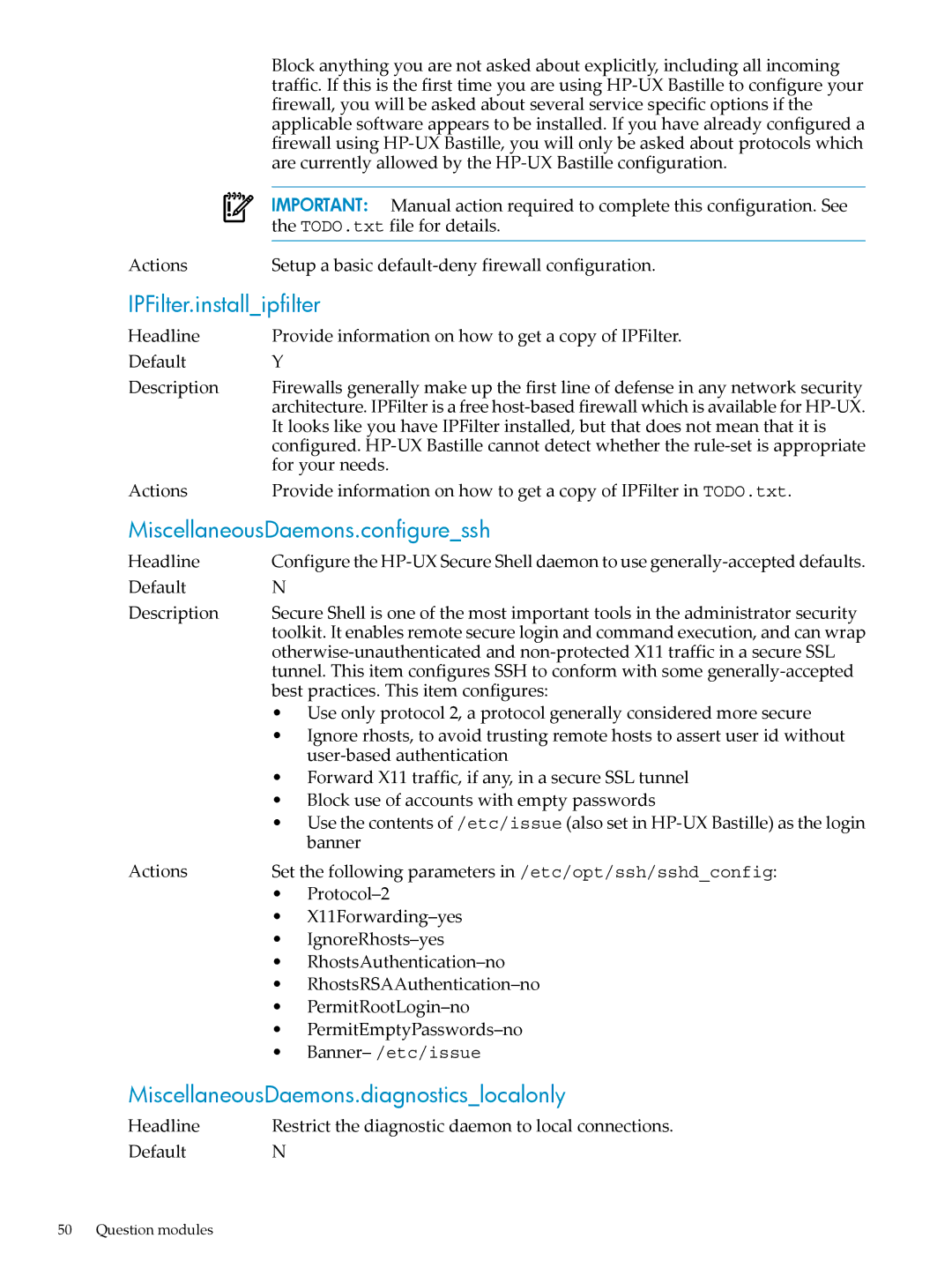 HP UX Bastille Software manual IPFilter.installipfilter, MiscellaneousDaemons.configuressh 