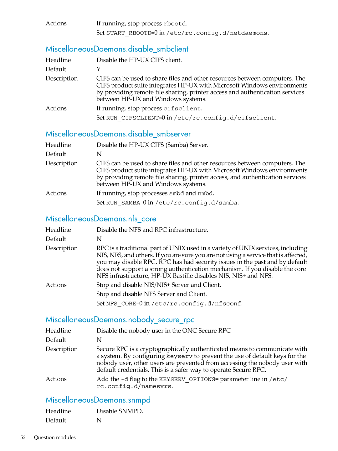 HP UX Bastille Software manual MiscellaneousDaemons.disablesmbclient, MiscellaneousDaemons.disablesmbserver 