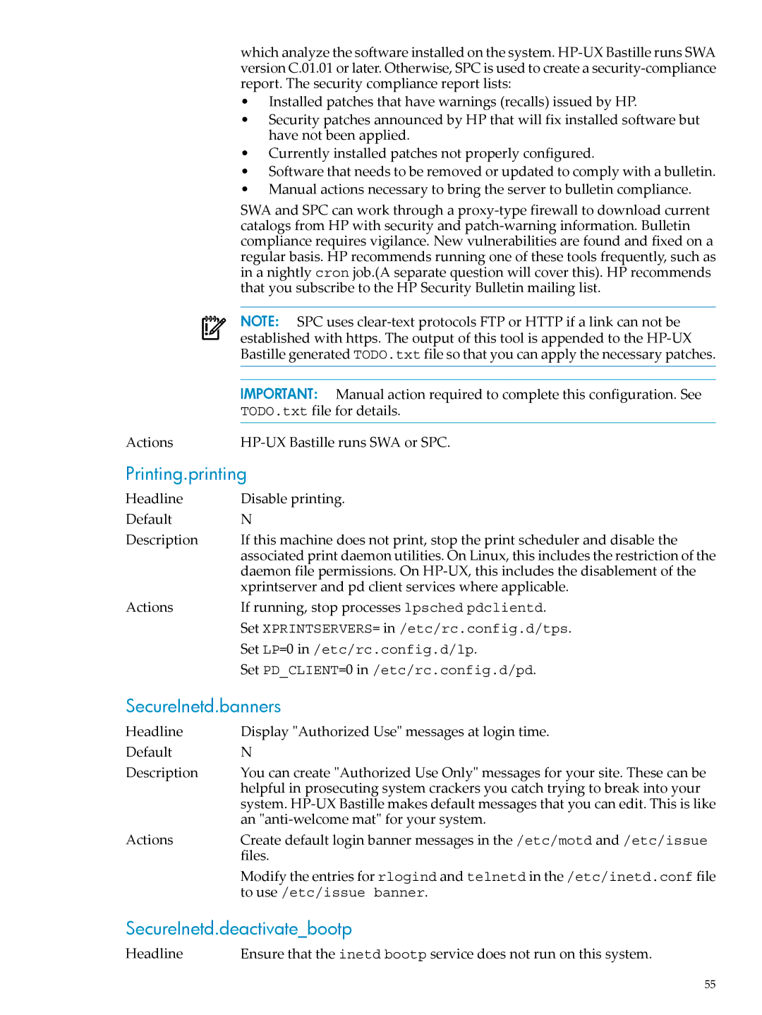 HP UX Bastille Software manual Printing.printing, SecureInetd.banners, SecureInetd.deactivatebootp 