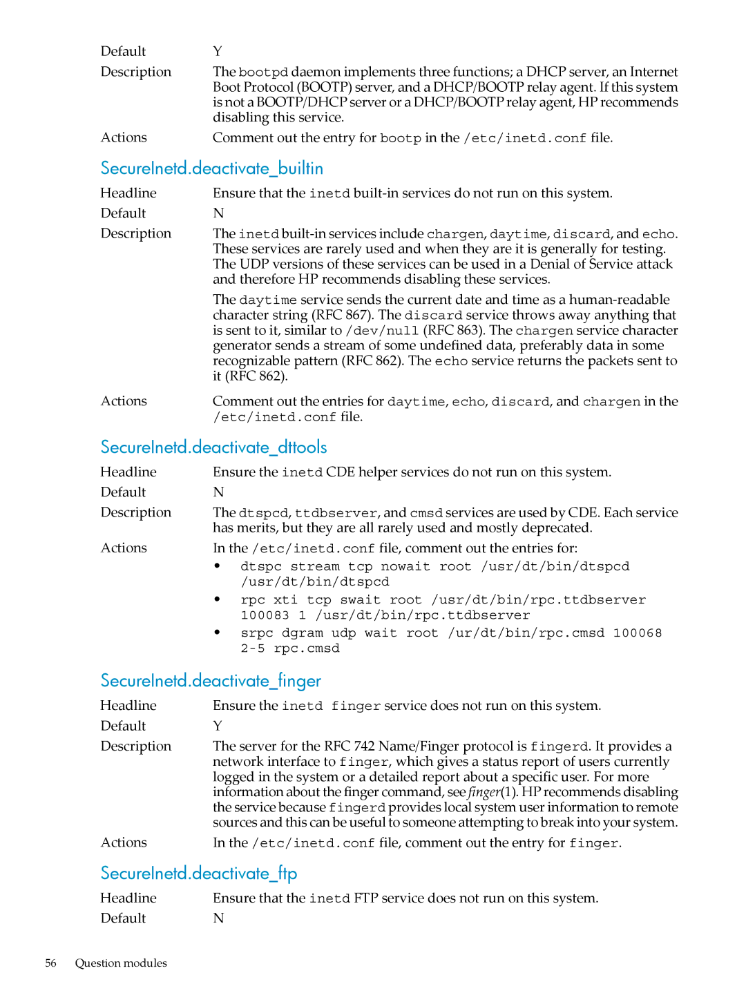 HP UX Bastille Software manual SecureInetd.deactivatebuiltin, SecureInetd.deactivatedttools, SecureInetd.deactivatefinger 