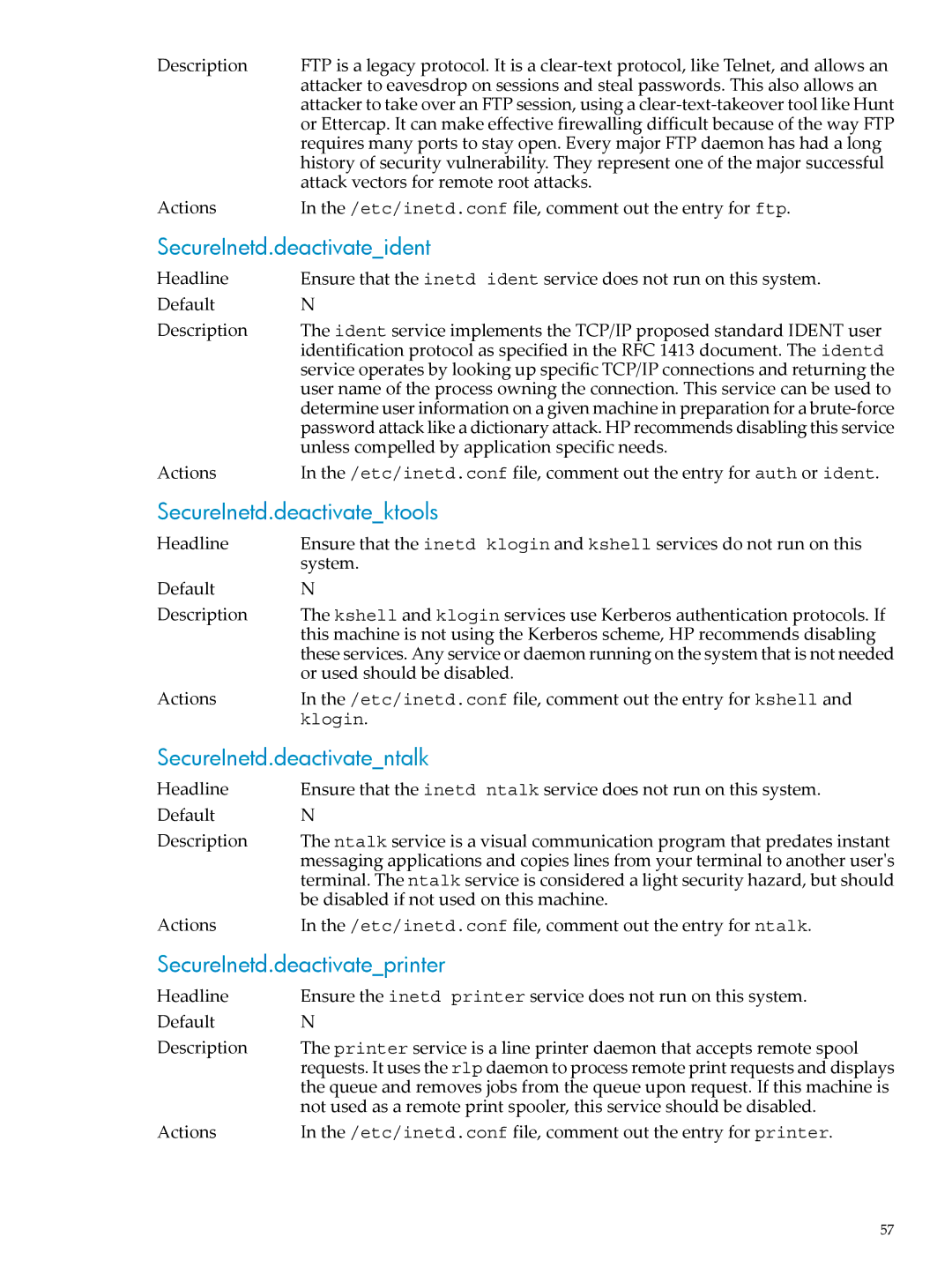 HP UX Bastille Software manual SecureInetd.deactivateident, SecureInetd.deactivatektools, SecureInetd.deactivatentalk 