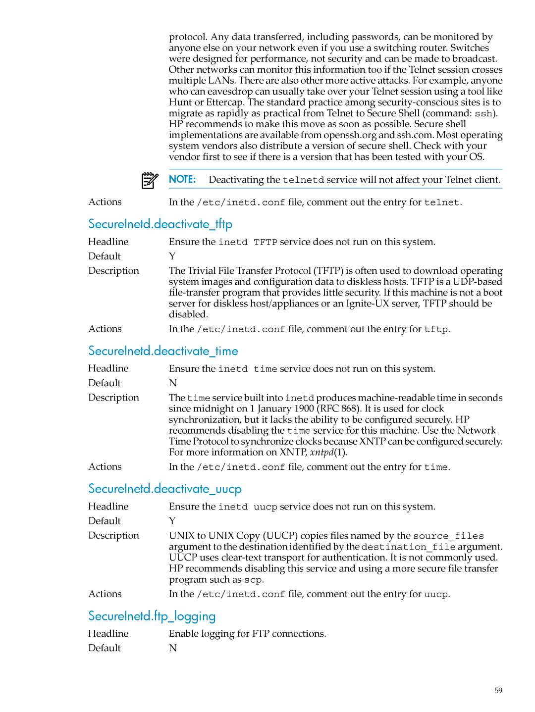 HP UX Bastille Software manual SecureInetd.deactivatetftp, SecureInetd.deactivatetime, SecureInetd.deactivateuucp 