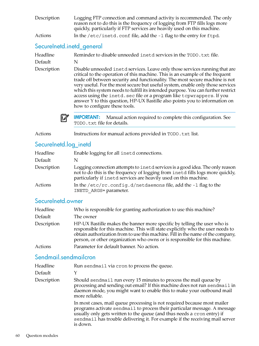 HP UX Bastille Software manual SecureInetd.inetdgeneral, SecureInetd.loginetd, SecureInetd.owner, Sendmail.sendmailcron 