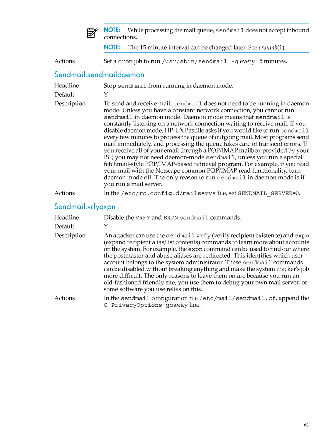 HP UX Bastille Software manual Sendmail.sendmaildaemon, Sendmail.vrfyexpn 
