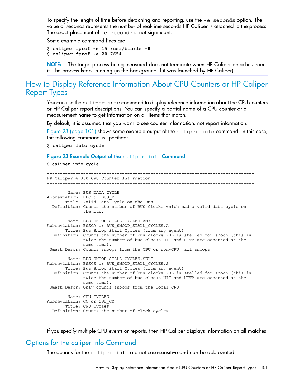 HP UX Caliper Software manual Options for the caliper info Command, Example Output of the caliper info Command 