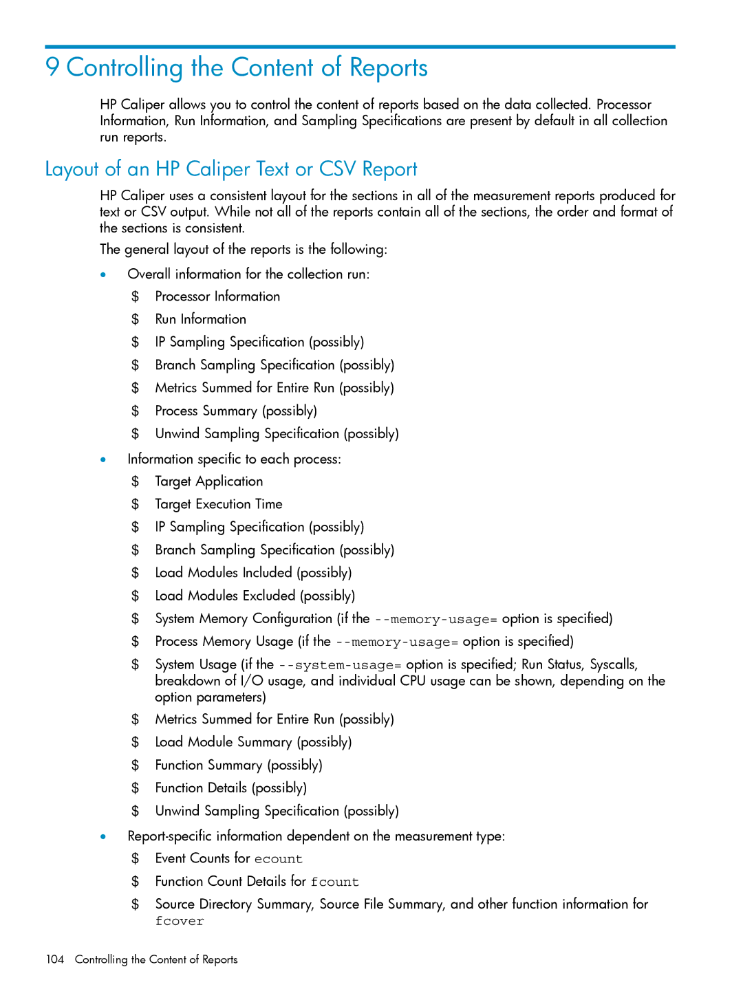 HP UX Caliper Software manual Controlling the Content of Reports, Layout of an HP Caliper Text or CSV Report 