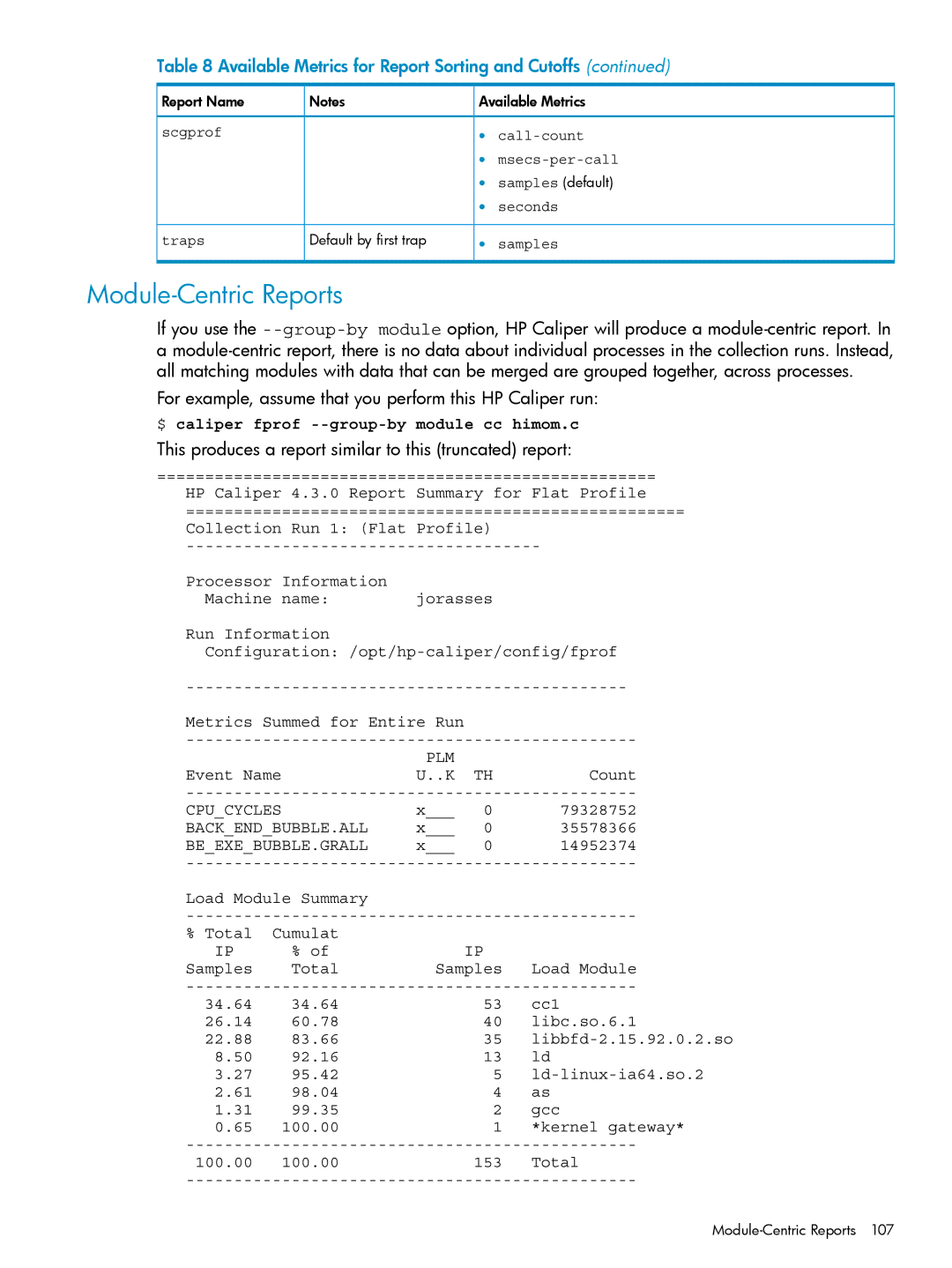 HP UX Caliper Software manual Module-Centric Reports, For example, assume that you perform this HP Caliper run 