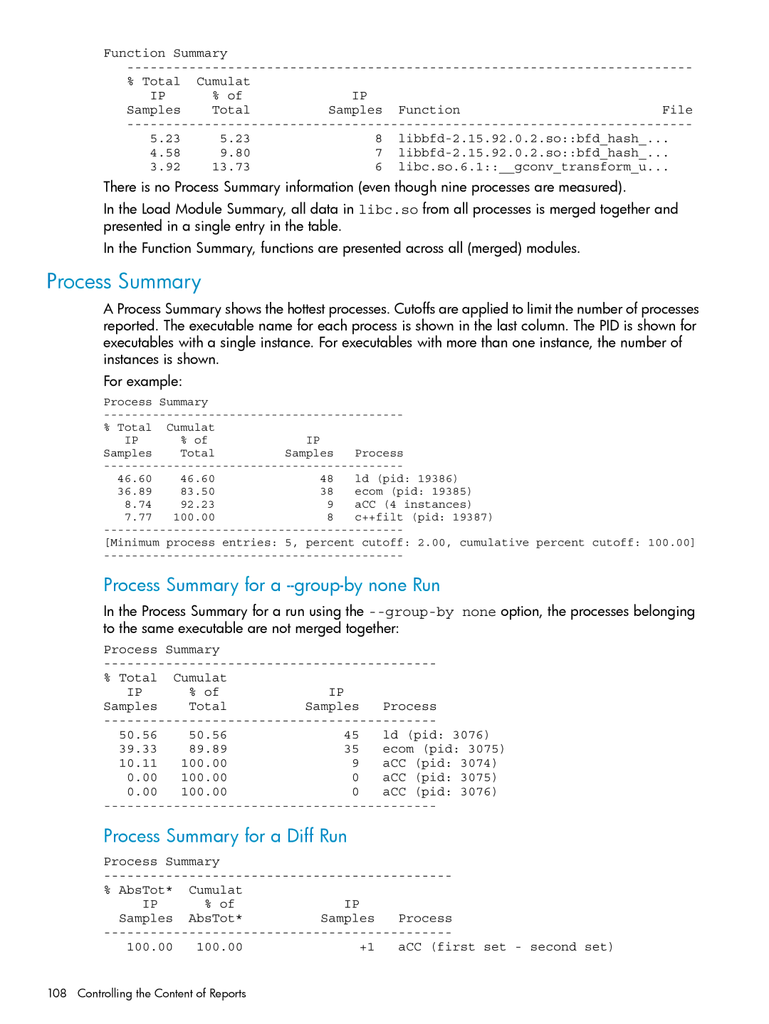 HP UX Caliper Software manual Process Summary for a --group-by none Run, Process Summary for a Diff Run 