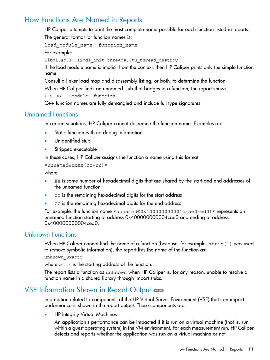 HP UX Caliper Software manual How Functions Are Named in Reports, VSE Information Shown in Report Output, Unnamed Functions 