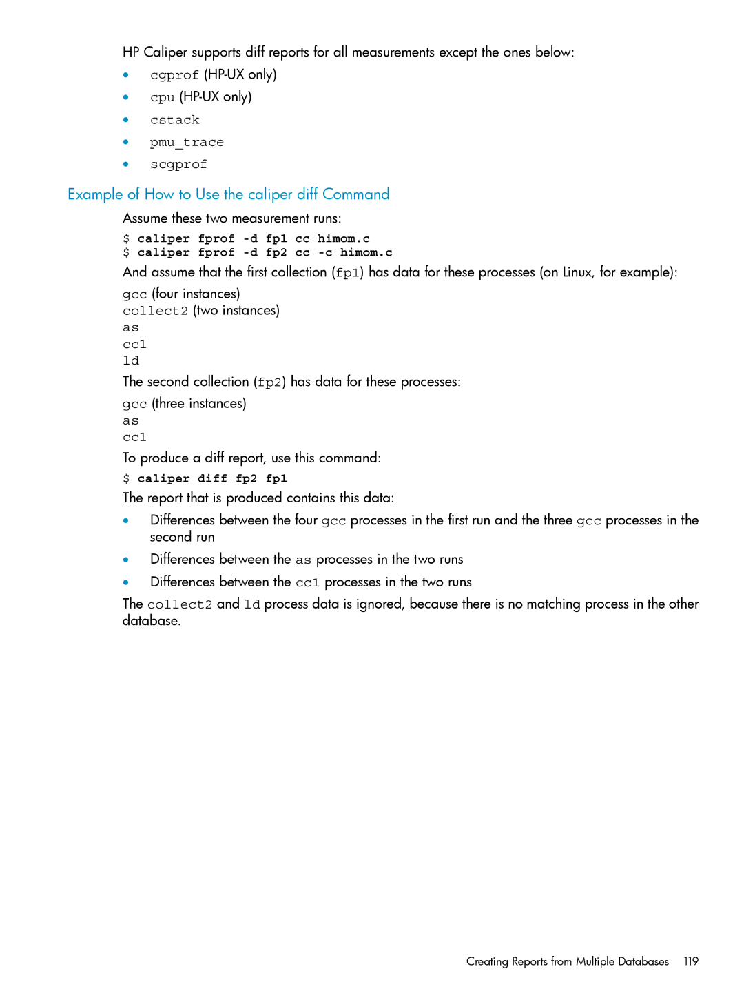 HP UX Caliper Software manual Example of How to Use the caliper diff Command, Cstack Pmutrace Scgprof, As cc1 ld 