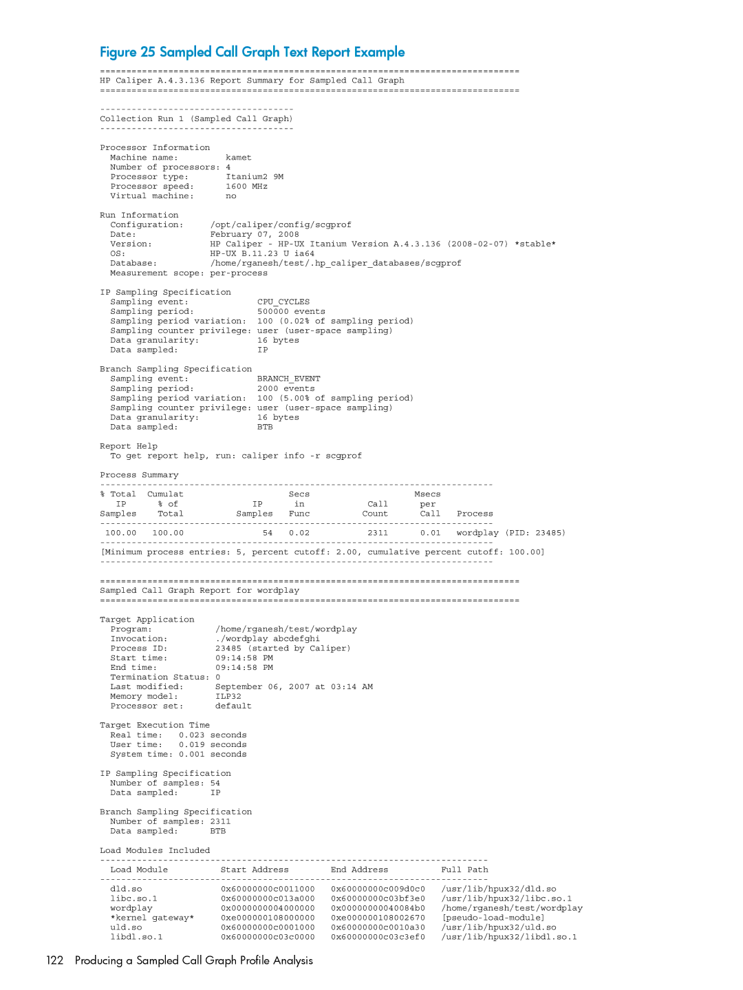 HP UX Caliper Software manual Sampled Call Graph Text Report Example 