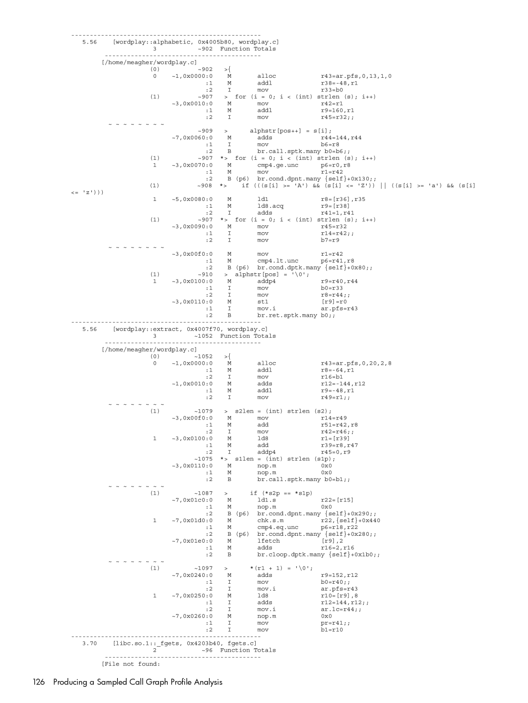 HP UX Caliper Software manual Producing a Sampled Call Graph Profile Analysis 