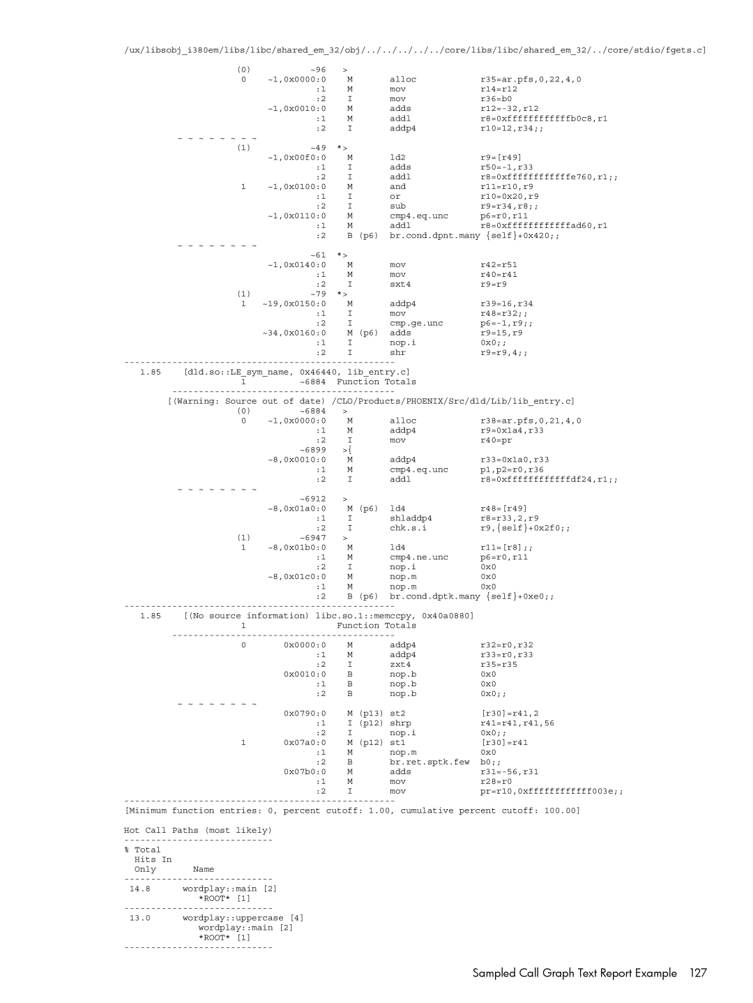 HP UX Caliper Software manual Sampled Call Graph Text Report Example 