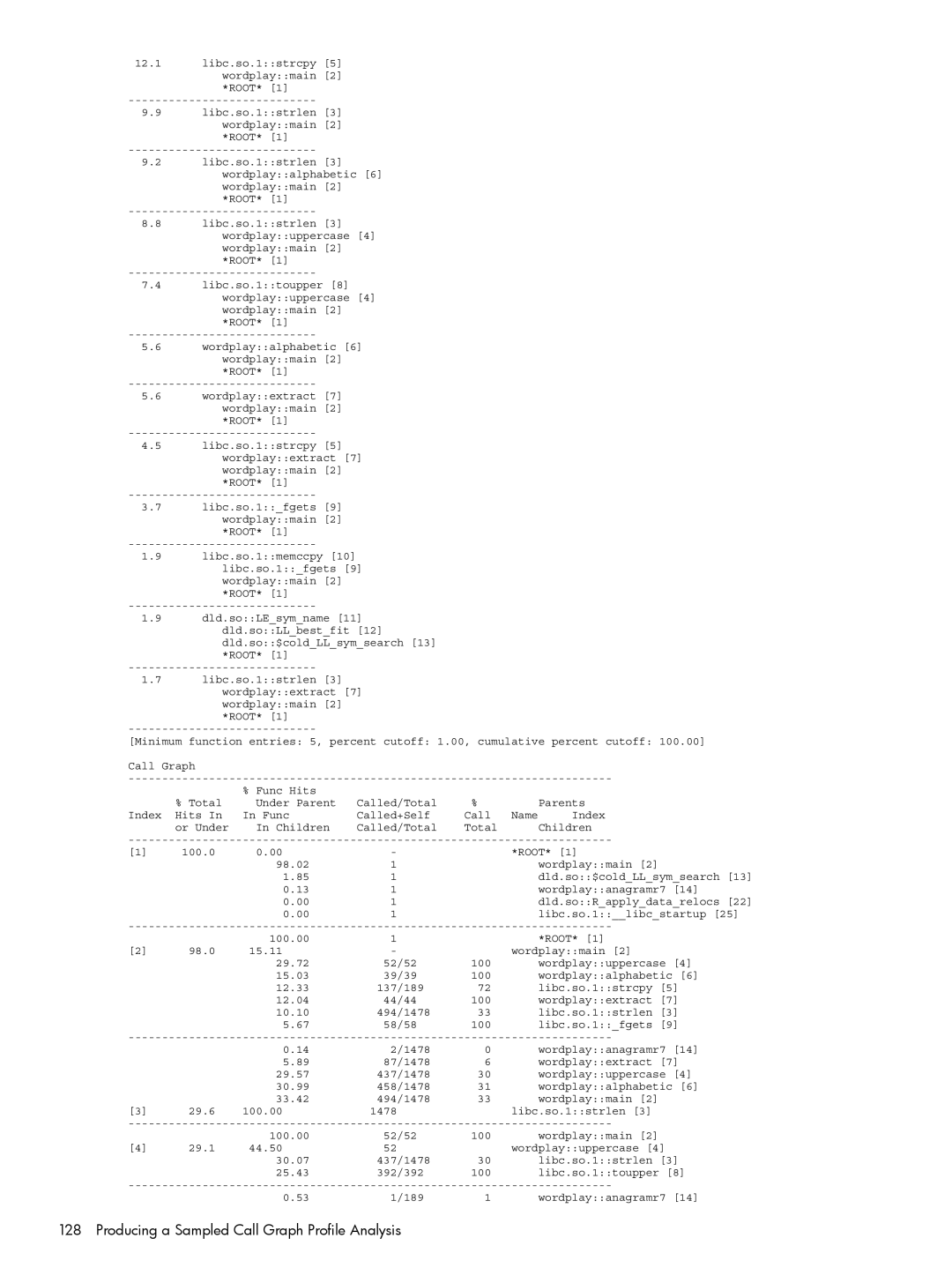 HP UX Caliper Software manual Producing a Sampled Call Graph Profile Analysis 