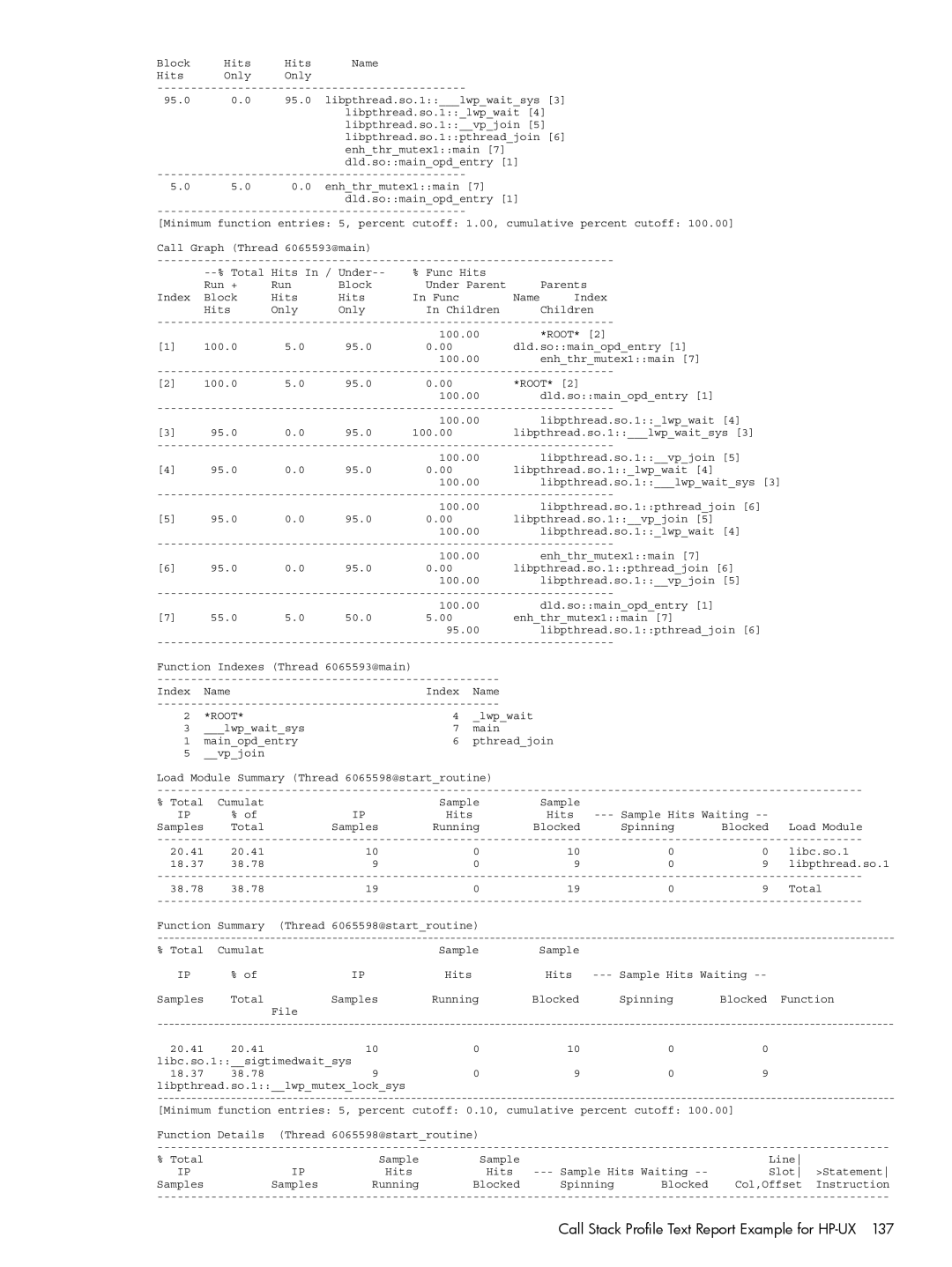 HP UX Caliper Software manual Call Stack Profile Text Report Example for HP-UX 