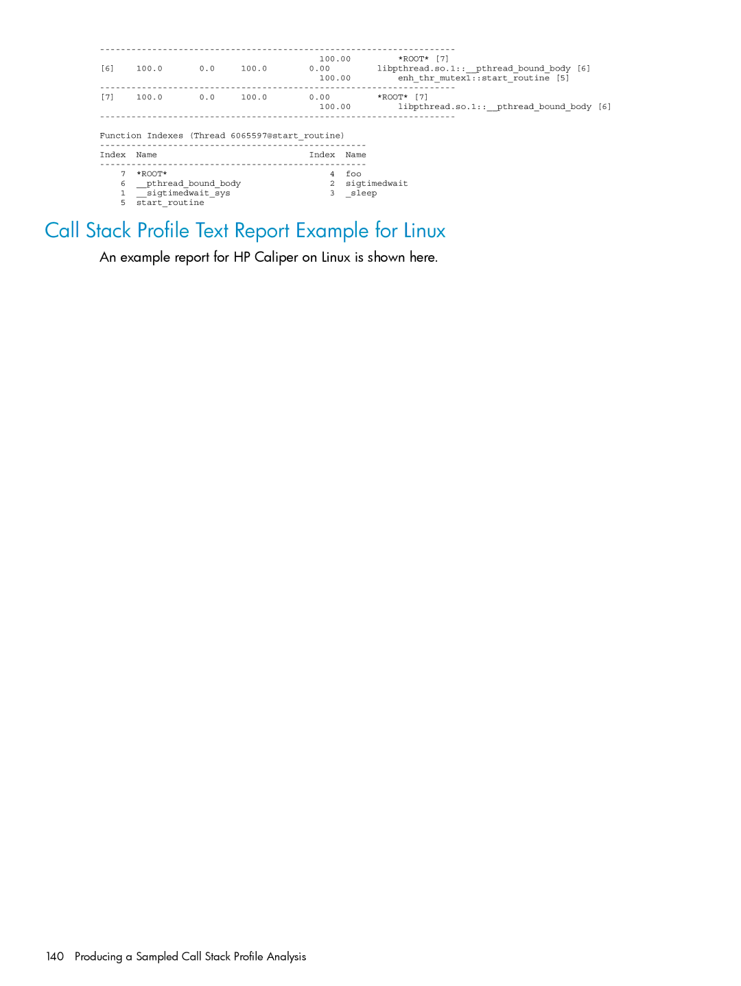 HP UX Caliper Software manual Call Stack Profile Text Report Example for Linux 