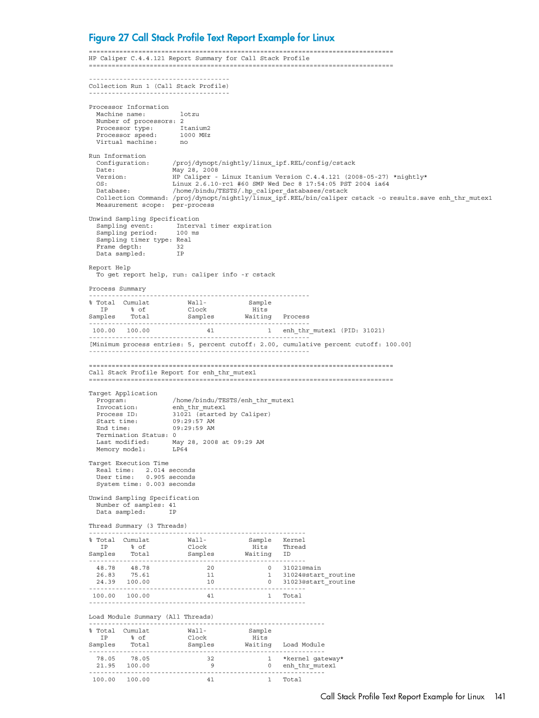 HP UX Caliper Software manual Call Stack Profile Text Report Example for Linux 