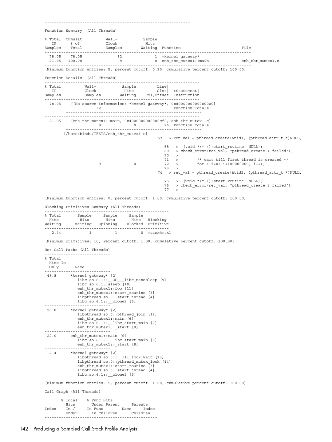 HP UX Caliper Software manual Producing a Sampled Call Stack Profile Analysis 