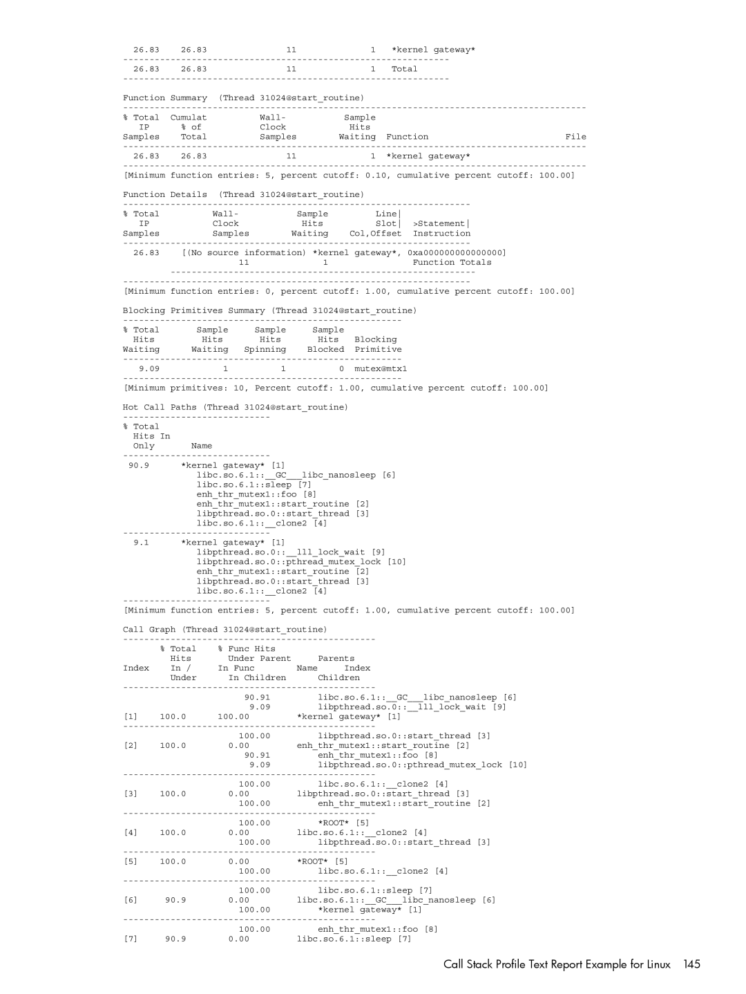 HP UX Caliper Software manual Call Stack Profile Text Report Example for Linux 