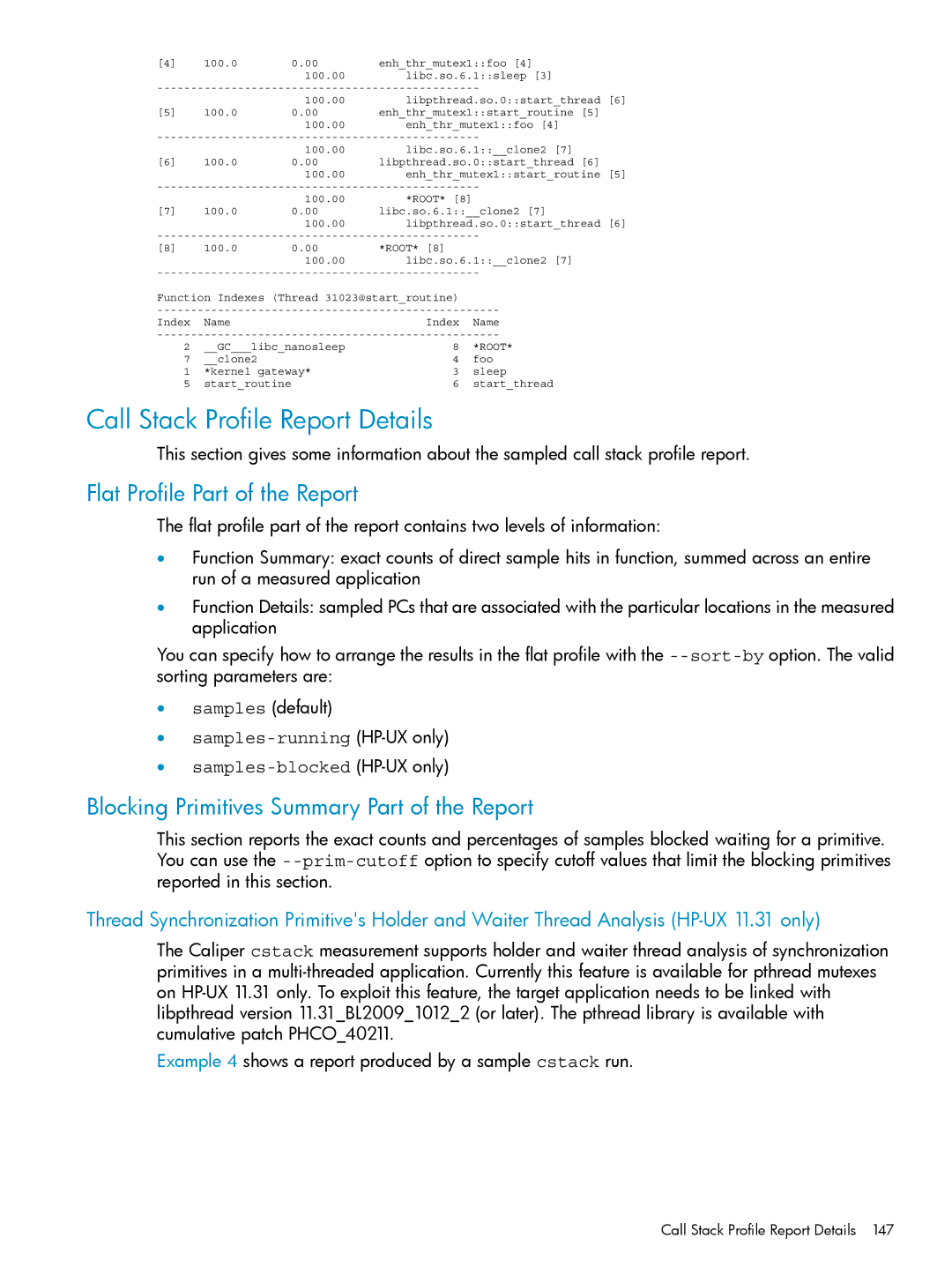 HP UX Caliper Software manual Call Stack Profile Report Details, Blocking Primitives Summary Part of the Report 