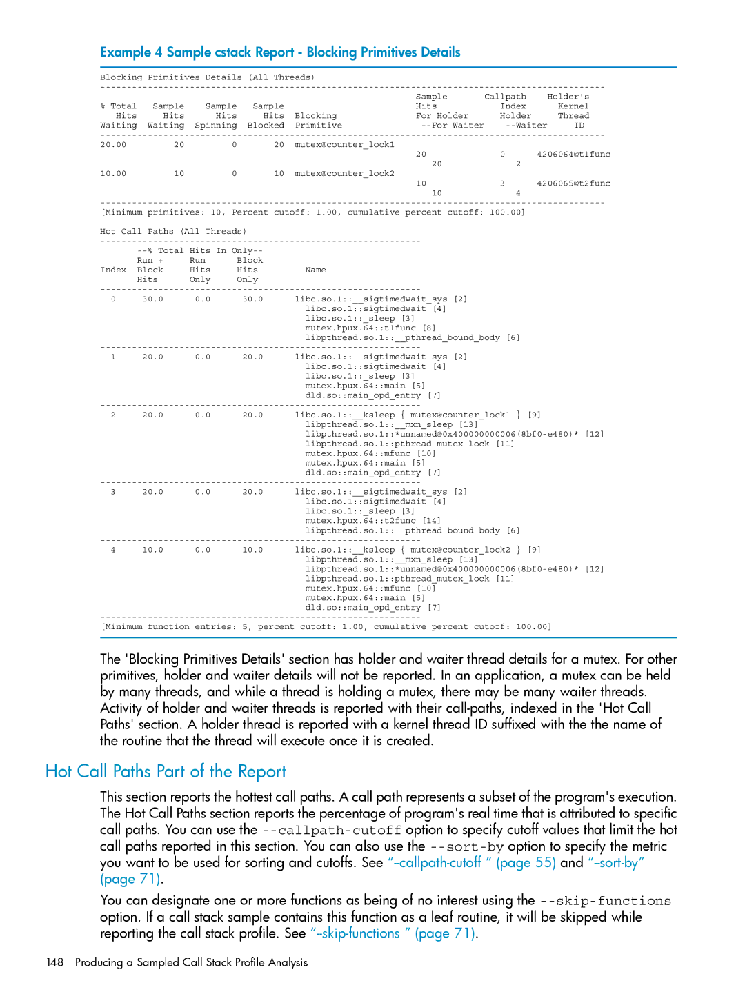 HP UX Caliper Software manual Hot Call Paths Part of the Report, Example 4 Sample cstack Report Blocking Primitives Details 