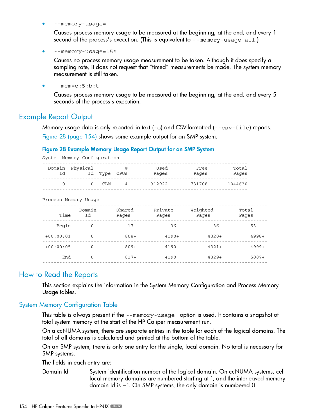 HP UX Caliper Software manual Example Report Output, How to Read the Reports, System Memory Configuration Table 